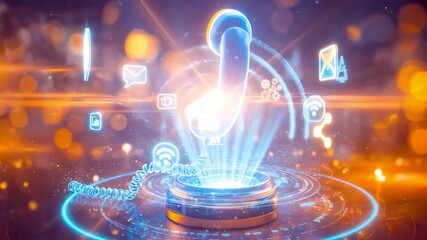 Holographic Smartphone And Floating Telephone Receiver In Neon Cyberpunk Communication Hub With Glowing Pedestal And Data Effects