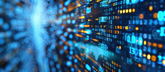 Digital Matrix: A mesmerizing display of a digital matrix, vibrant data streams and numerical code cascade across the screen, a dynamic representation of modern technology and data processing.