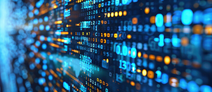Digital Data Stream: The image presents an abstract view of digital data flowing, an intricate dance of numbers and symbols. Illuminated in vibrant blue and amber hues. - Powered by Adobe