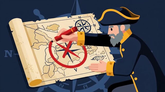 Captain Marking The Treasure On A Vintage Map Animation For Digital Nautical Projects