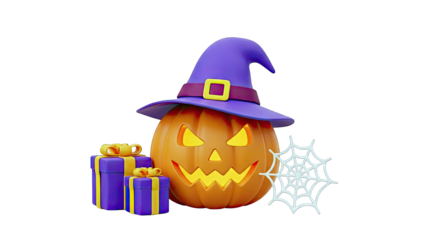 Halloween Jack-o'-lantern with gifts and spiderweb