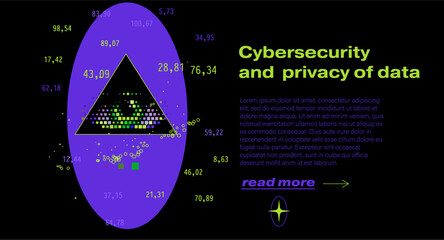Triangle containing a multicolored pixelated eye, surrounded by scattered data points and numerical values in neon style. Conceptual vector illustration for cybersecurity, data privacy.