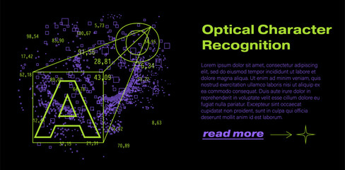 Data points and bounding boxes on black background, visualizing detected 'A' character with confidence scores in OCR process. Conceptual vector illustration for optical character recognition.