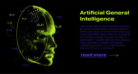 Human head profile in profile formed by dense glowing dots on black background, with scattered purple numerical values around it. Conceptual vector illustration for artificial general intelligence.