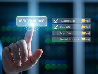 User selects permissions for financial records and client data on a digital interface in a modern data center