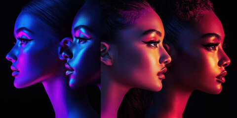 Woman's face with different colored lights on it against a dark background. Commercial illustration artwork. Illustration. High-resolution. High-res. Premium quality. Premium. Professional grade.