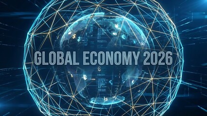 Global economy 2026 digital globe with network connections and financial data