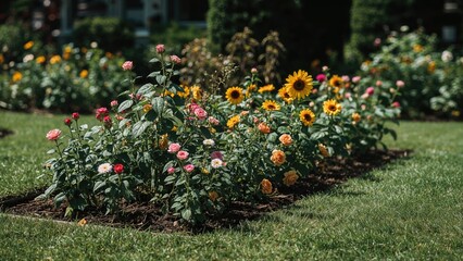 A flower bed with pink, yellow, and orange blooms in a garden with greenery and trees.