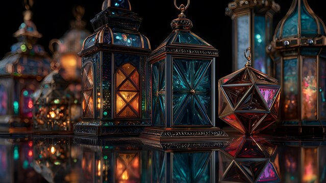 Colorful traditional Arabic lanterns design background. Ramadan lamp Islamic lanterns. Colorful, traditional lanterns. Kurban bayram holiday celebration. 
