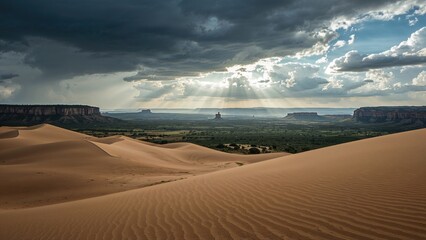 A desert landscape with sand dunes and dramatic sky with clouds and sunlight rays.
