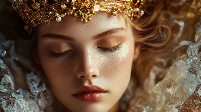 Woman wearing a gold crown and a white dress, with freckles on her face. Commercial illustration artwork. Illustration. High-resolution. High-res. Premium quality. Premium. Professional grade.