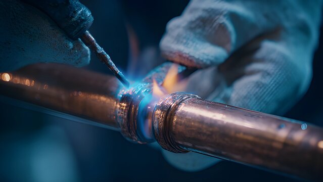 Craftsman brazing copper pipes together with a torch. Hard soldering braze blow torch. A worker using a blowtorch to solder or braze a copper pipe fitting.