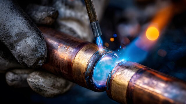 Craftsman brazing copper pipes together with a torch. Hard soldering braze blow torch. A worker using a blowtorch to solder or braze a copper pipe fitting.