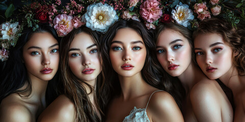 Group of five women with flowers in their hair, posing for a photo against a dark background. Commercial illustration artwork. Illustration. High-resolution. High-res. Premium quality. Premium.