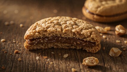 Cookie sandwich with chocolate filling on a rustic wooden surface, with scattered cookie crumbs and nuts.
