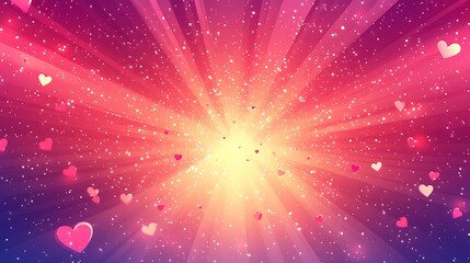 Floating pink hearts sparkle around a vibrant light burst with radiant rays for celebrations