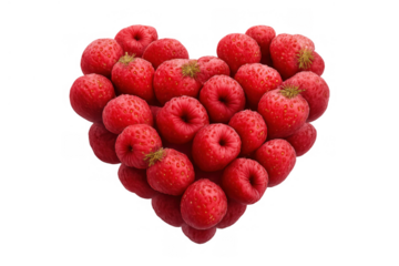 Heart shape formed by fresh red strawberries and raspberries symbolizing love, health, and romance on transparent background
