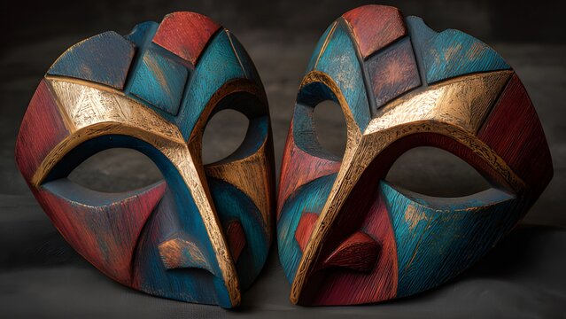 Local crafted wooden theatrical colorful masks. African tribal masks. Greek drama comedy and tragedy masks. The little hut comedy masks on dark background. Theatricals props drama masks.