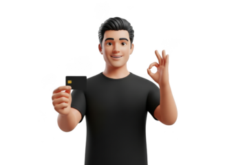3d cartoon man holding credit card and giving okay sign isolated on transparent background