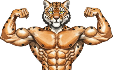 Muscular leopard flexing muscles with confidence isolated on transparent background