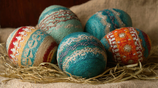 Colorful decorated eggs arranged on hay in a rustic setting duri