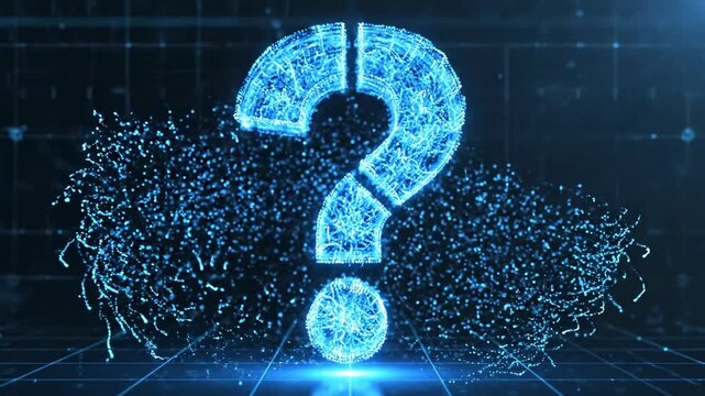 Abstract motion graphic loop of flowing blue data streams converging into a stylized digital question mark symbolizing complex information processing and knowledge assimilation cyber, network, science