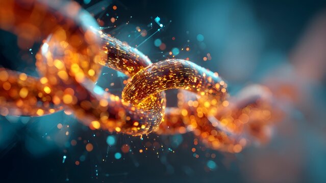 Digitize interconnected AI automation chain links innovative, data security technology, authenticity,. Access metal chain with glowing digital data, self exercuting, networking blockchain technology.
