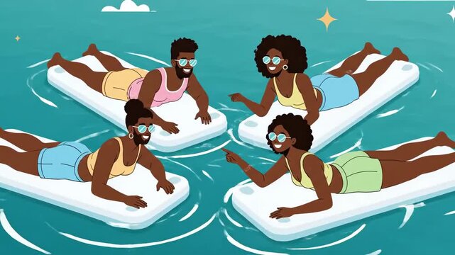 Carefree Summer: Friends Floating And Playing In The Water On Inflatable Rafts Cartoon Animation