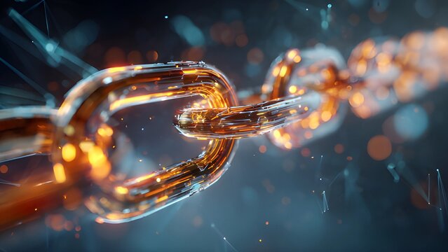 Digitize interconnected AI automation chain links innovative, data security technology, authenticity,. Access metal chain with glowing digital data, self exercuting, networking blockchain technology.