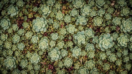 A dense pattern of succulents, mainly green with some purple accents.