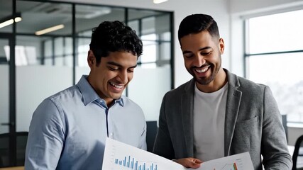 Two diverse male colleagues discussing business data on charts in a modern office. Professionals analyzing a successful report and smiling. Teamwork and collaboration concept - Powered by Adobe