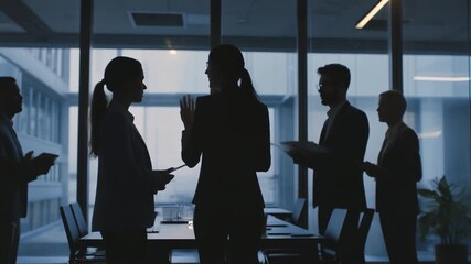 Silhouette of a group of business professionals in a meeting room, discussing and collaborating