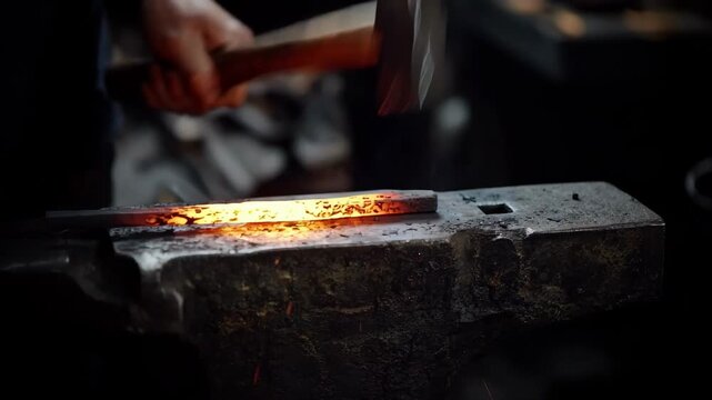 Medium shot of flat steel blank being heated and smoothly hammered on an anvil in a metal workshop.