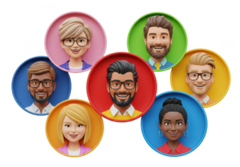 Diverse group of cartoon people icons isolated on transparent background