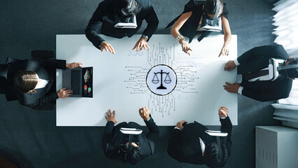 A unique perspective of legal professionals engaged in a futuristic meeting, utilizing virtual reality technology to explore new ideas and solutions in law and justice. Trope