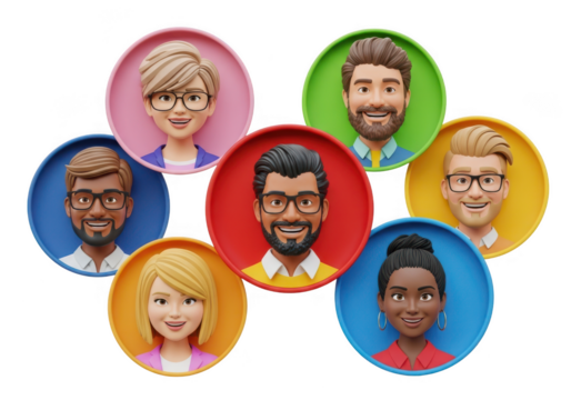 Diverse group of cartoon people icons isolated on transparent background - Powered by Adobe