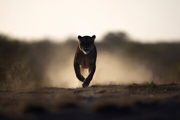 Majestic lioness prowling through serene African savanna, showcasing wildlife beauty, power, and majestic natural behavior at sunrise.