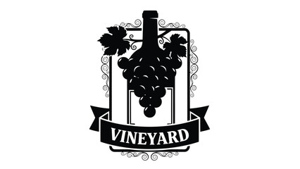 Black silhouette logo of wine bottle and grapes with vineyard banner isolated on white background
