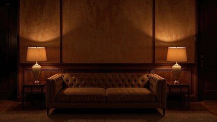 A cozy living room with a brown sofa, two side tables, and lamps on each side, illuminated warmly, creating an inviting ambiance.