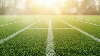 Empty sports field with marked lines and green grass, illuminated by bright sunlight and warm sunrise or sunset.