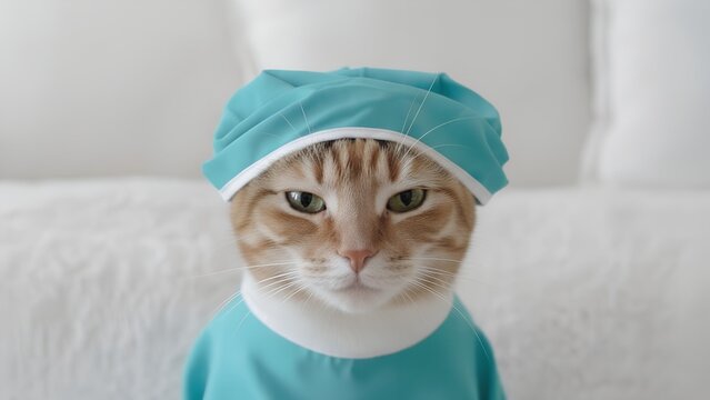 Orange tabby cat wearing blue surgical cap and scrubs on white bed