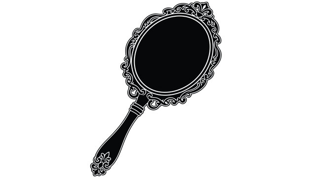 Ornate handheld mirror silhouette with floral handle and decorative frame isolated on white background
