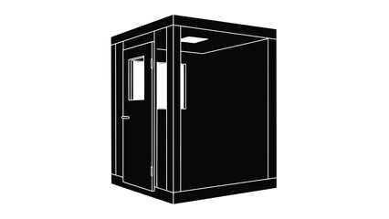 3D render of a black isometric booth with a door and window on a isolated on white background