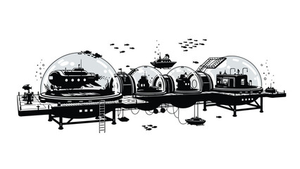 Futuristic underwater base with domes and ships, black silhouette on , illustration isolated on white background