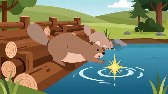 Cartoon Beaver Family Interaction With Sparkly Water On a Wooden Bridge Animation Video