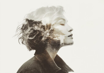 Woman with her head in the air, wearing a black dress against a white background. Commercial illustration artwork. Illustration. High-resolution. High-res. Premium quality. Premium. - Professional