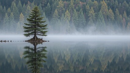 A solitary tree on a small island reflected in calm lake water with a forest in the background and mist above the water.