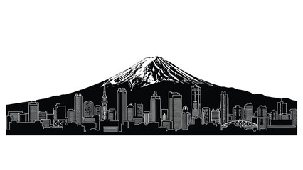 A striking black and white silhouette of a city skyline with mount fuji © Design lens
