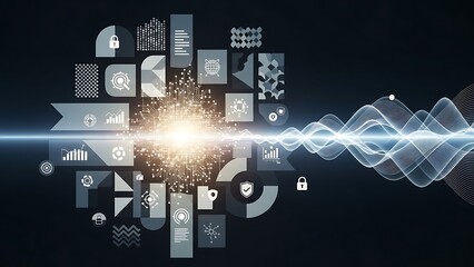 Futuristic AI Technology Concept with Digital Cityscape and Data Flow in Blue Neon Light