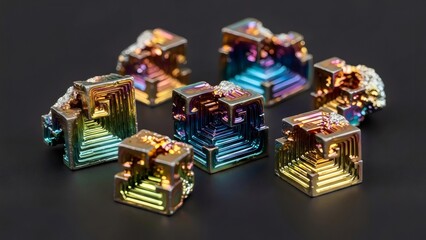 Abstract composition of bismuth crystal rainbow cubes with micro‑iridescent geometry on black glass surface